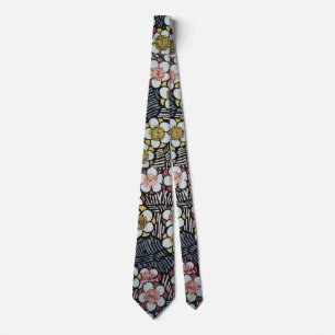 HAIKU/ BLACK WHITE PINK YELLOW SPRING FLOWERS TIE
