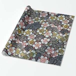HAIKU/ BLACK WHITE PINK YELLOW SPRING FLOWERS WRAPPING PAPER