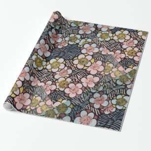 HAIKU/ BLACK WHITE PINK YELLOW SPRING FLOWERS WRAPPING PAPER