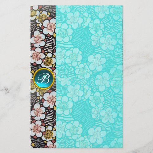 HAIKUBLACK WHITE SPRING FLOWERS BLUE GEM MONOGRAM STATIONERY