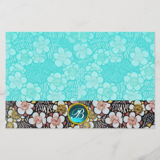 HAIKU/BLACK WHITE SPRING FLOWERS BLUE GEM MONOGRAM STATIONERY (Front)