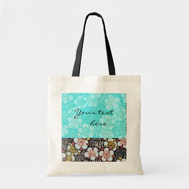 HAIKU/ BLACK WHITE TEAL BLUE SPRING FLOWERS TOTE BAG (Front)