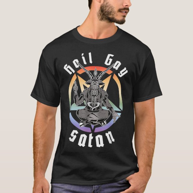 Hail Gay Satan Rainbow Baphomet Devil Goat LGBTQ Q T-Shirt (Front)