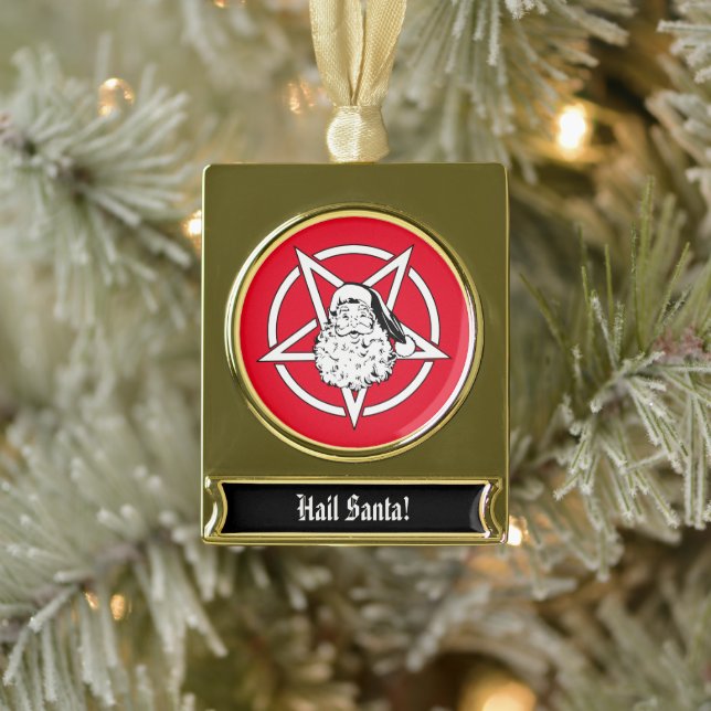 Hail Santa! Satanic Santa Pentagram Gold Plated Banner Ornament (Tree)