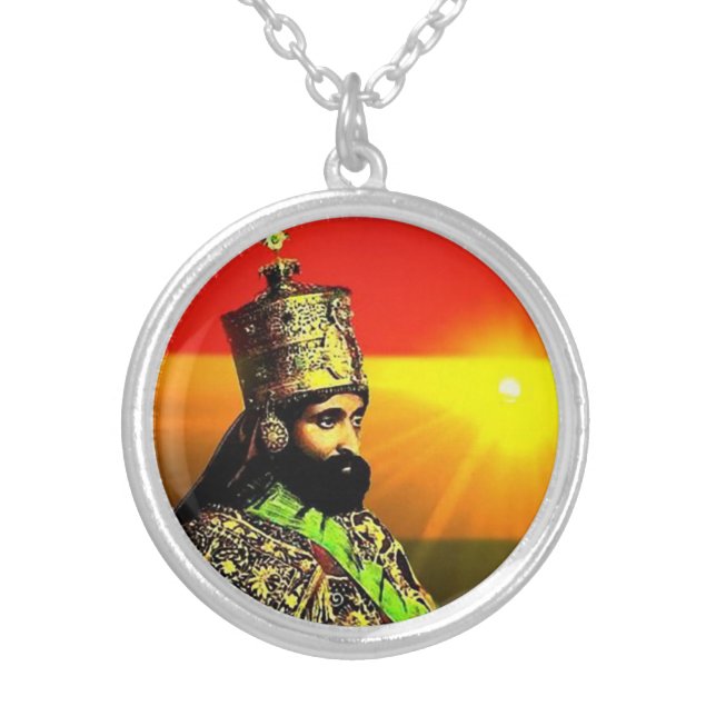 Haile Selassie Lion of Judah Jah Rastafari Reggae Silver Plated Necklace (Front)