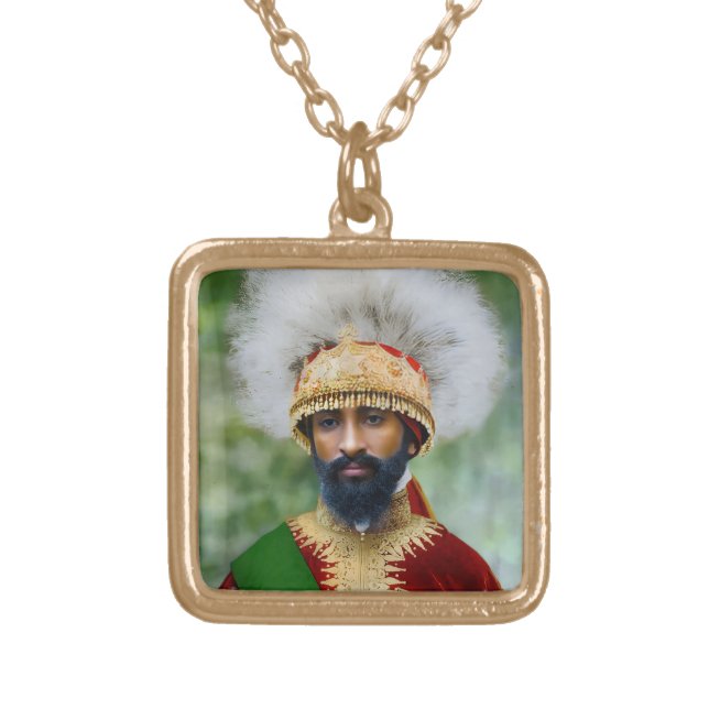 Haile Selassie Rasta Jah Rastafari Reggae Silver Gold Plated Necklace (Front)