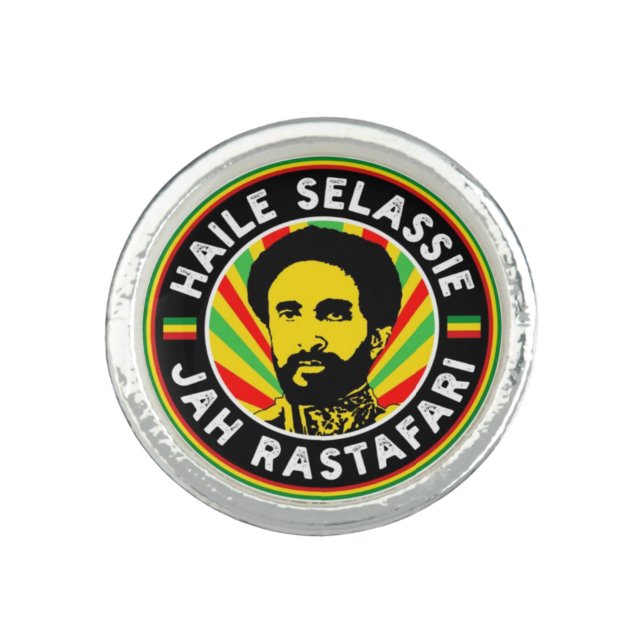 Haile Selassie Rasta Jah Rastafari Reggae Silver Ring (Front)
