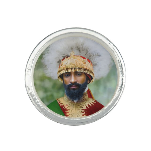 Haile Selassie Rasta Jah Rastafari Reggae Silver Ring (Front)