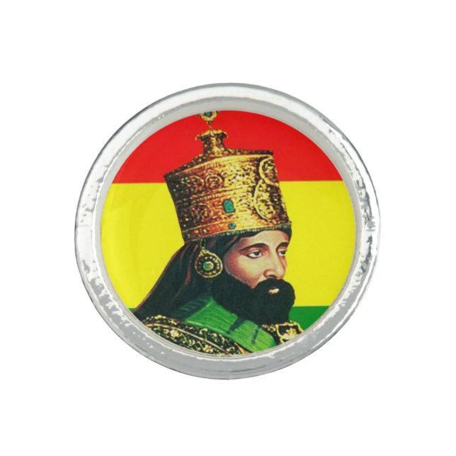 Haile Selassie Rasta Jah Rastafari Reggae Silver Ring (Front)