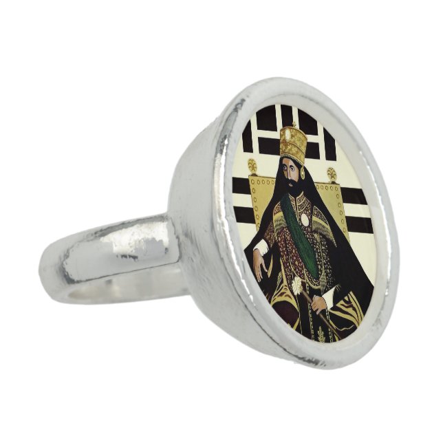 Haile Selassie Rasta Jah Rastafari Reggae Silver Ring (Side)