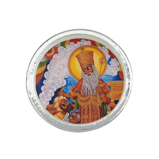 Haile Selassie Rasta Jah Rastafari Reggae Silver Ring (Front)
