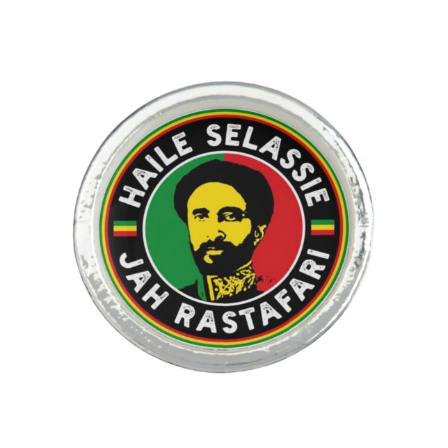 Haile Selassie Rasta Jah Rastafari Reggae Silver Ring (Front)