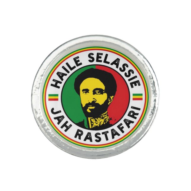 Haile Selassie Rasta Jah Rastafari Reggae Silver Ring (Front)
