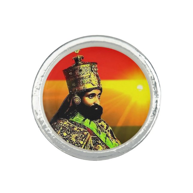 Haile Selassie Rasta Jah Rastafari Reggae Silver Ring (Front)