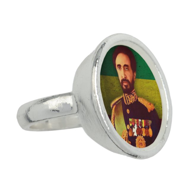 Haile Selassie Rasta Jah Rastafari Reggae Silver Ring (Side)