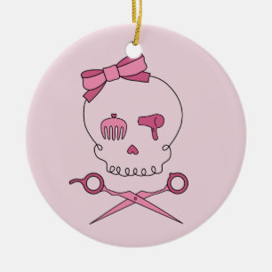 Hair Accessory Skull & Scissor Crossbones (Pink) Ceramic Ornament
