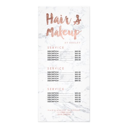 Hair and makeup gold typography marble price list rack card