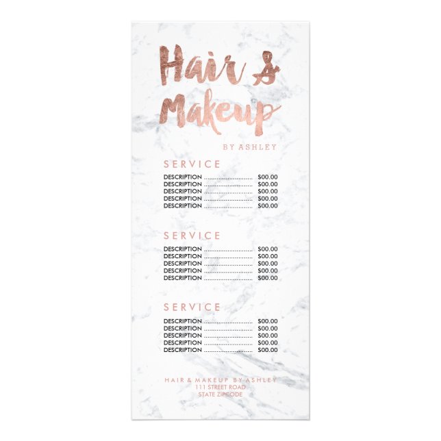 Hair and makeup gold typography marble price list rack card (Front)