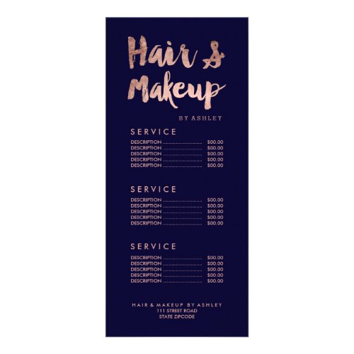 Hair and makeup gold typography navy price list rack card