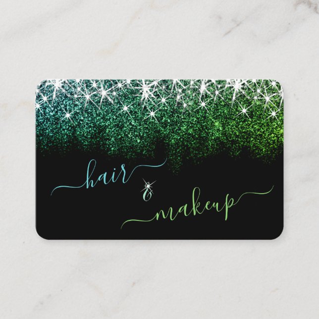 Hair and Makeup Stylist Luminous Teal Glitter Glam Business Card (Front)