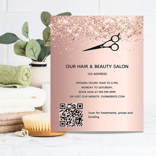 Hair beauty salon rose gold glitter price QR code Flyer