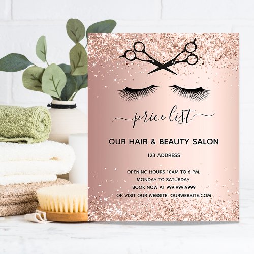 Hair beauty salon rose gold glitter pricelist flyer