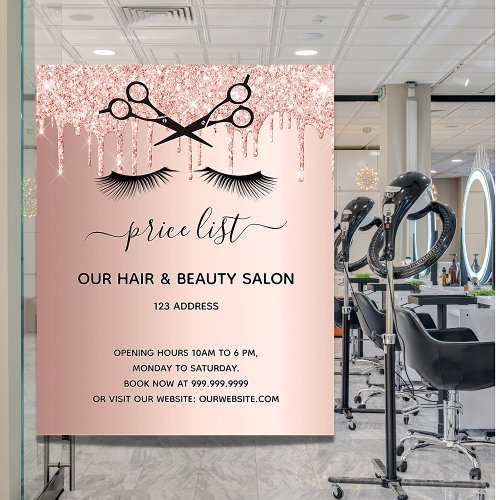 Hair beauty salon rose gold glitter pricelist flyer