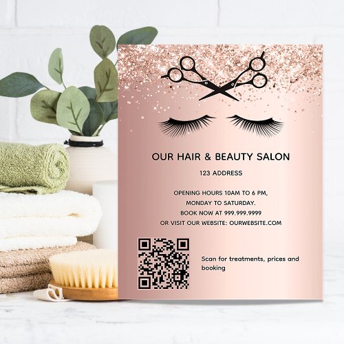 Hair beauty salon rose gold glitter QR code Flyer