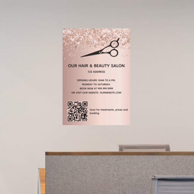 Hair beauty salon rose gold glitter QR code Wall Decal (Office)