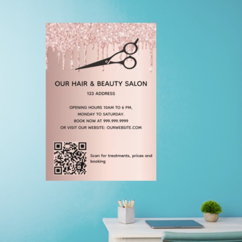Hair beauty salon rose gold glitter QR code Wall Decal