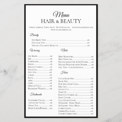 Hair Beauty Waxing Nails Black Border Price List Flyer