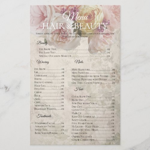 Hair Beauty Waxing Nails Vintage Roses Price List Flyer