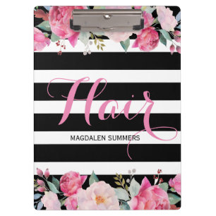 Hair- Black & White Stripes Pattern,Floral Bouquet Clipboard
