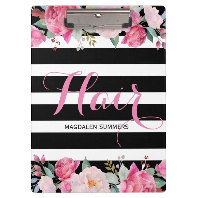 Hair- Black & White Stripes Pattern,Floral Bouquet Clipboard (Front)