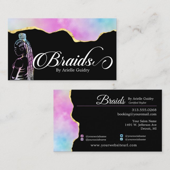 Hair Braiding Braid Salon Holographic Gold Business Card (Front/Back)