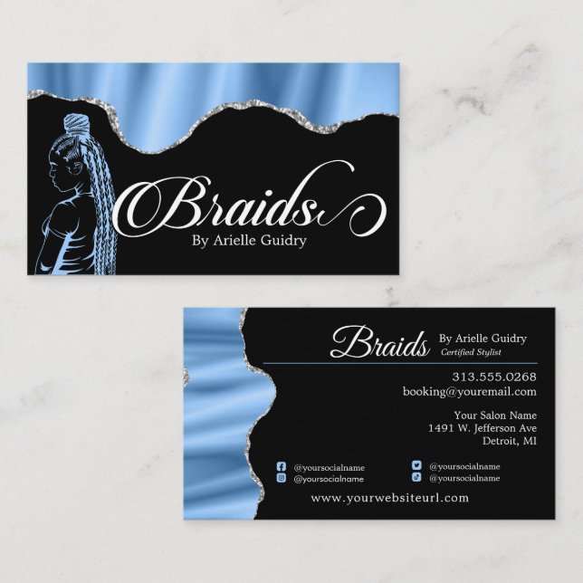 Hair Braiding Braid Salon Silver & Blue Glam Business Card (Front/Back)