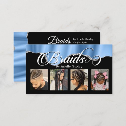 Hair Braiding Braid Salon Silver Blue Photo Business Card