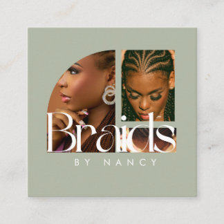 Hair Braiding Photo Collage Sage Green Square Business Card