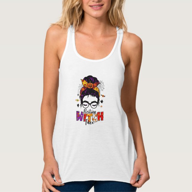 Hair Bun Halloween Resting Witch Tank Top (Front)
