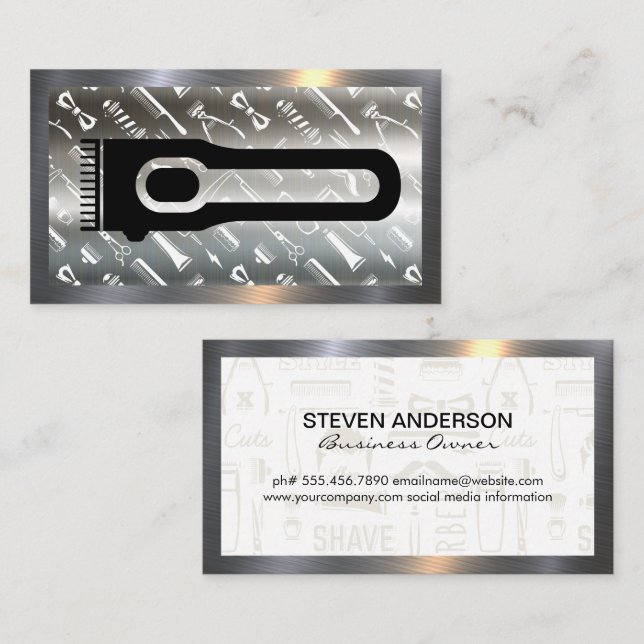 Hair Clippers | Barber Pattern | Metal Border Business Card (Front/Back)