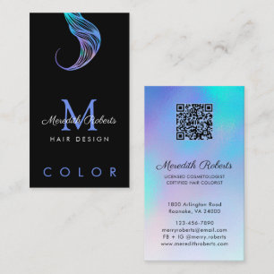 Hair Colorist Stylist Opal Black QR Code Monogram Business Card