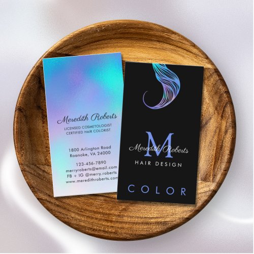 Hair Colorist Stylist Opal Blue on Black Monogram Business Card