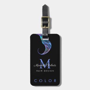 Hair Colorist Stylist Opal Blue on Black Monogram Luggage Tag