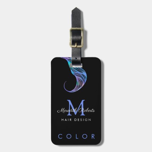 Hair Colorist Stylist Opal Blue on Black Monogram Luggage Tag