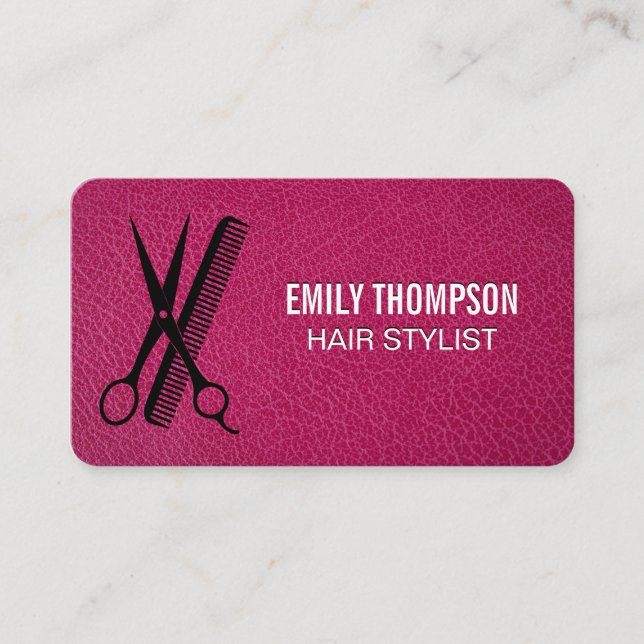 Hair Comb Scissors | Pink Leather Texture Business Card (Front)