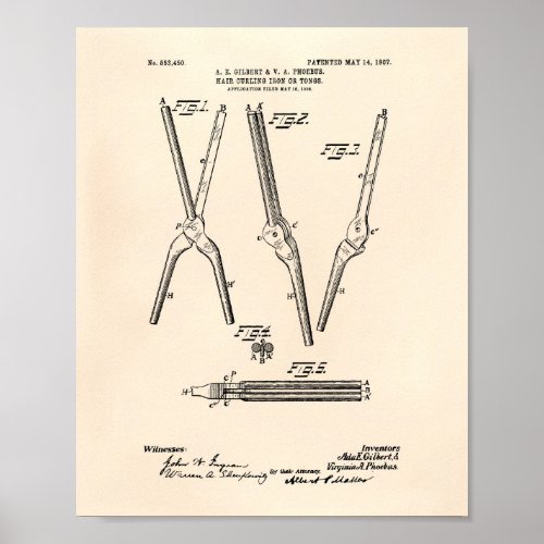 Hair Curling Iron 1907 Patent Art Old Peper Poster