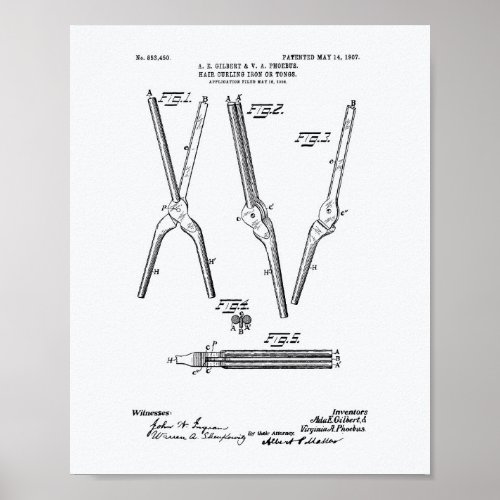 Hair Curling Iron 1907 Patent Art White Paper Poster