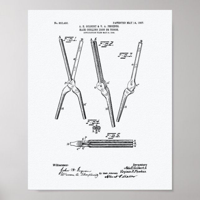 Hair Curling Iron 1907 Patent Art White Paper Poster (Front)