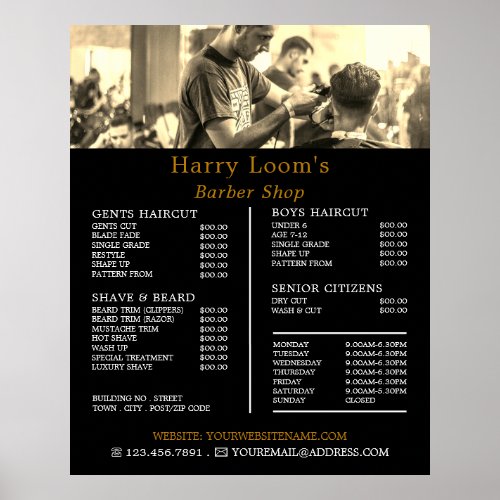 Hair Cut Mens Barbers Price List Poster
