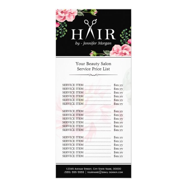 Hair Cut Scissors Logo Beautiful Floral Price List Rack Card (Front)